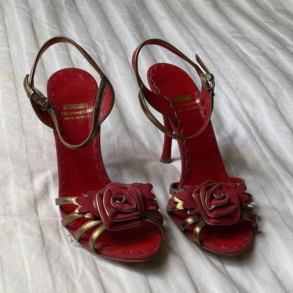 Moschino Red & Gold Floral Strap High Heels